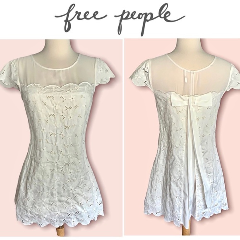 Free People Boho Eyelet Floral Babydoll Bow Dress Lolita